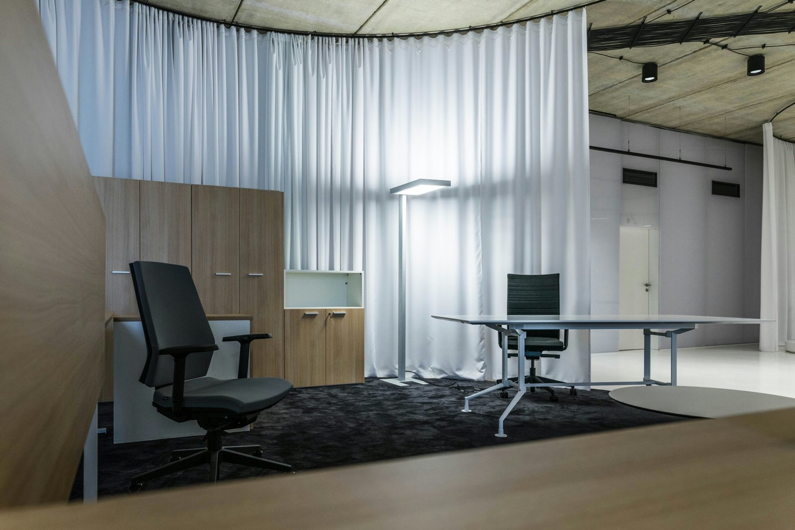 Modern corporate office background with blurred glass and lights